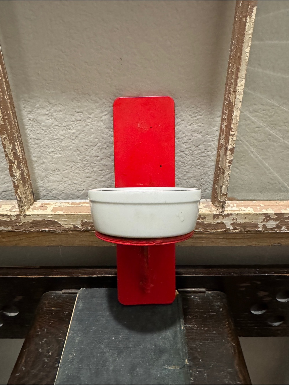 Vintage Red Wall-Mounted Candle Holder with White Ceramic Dish